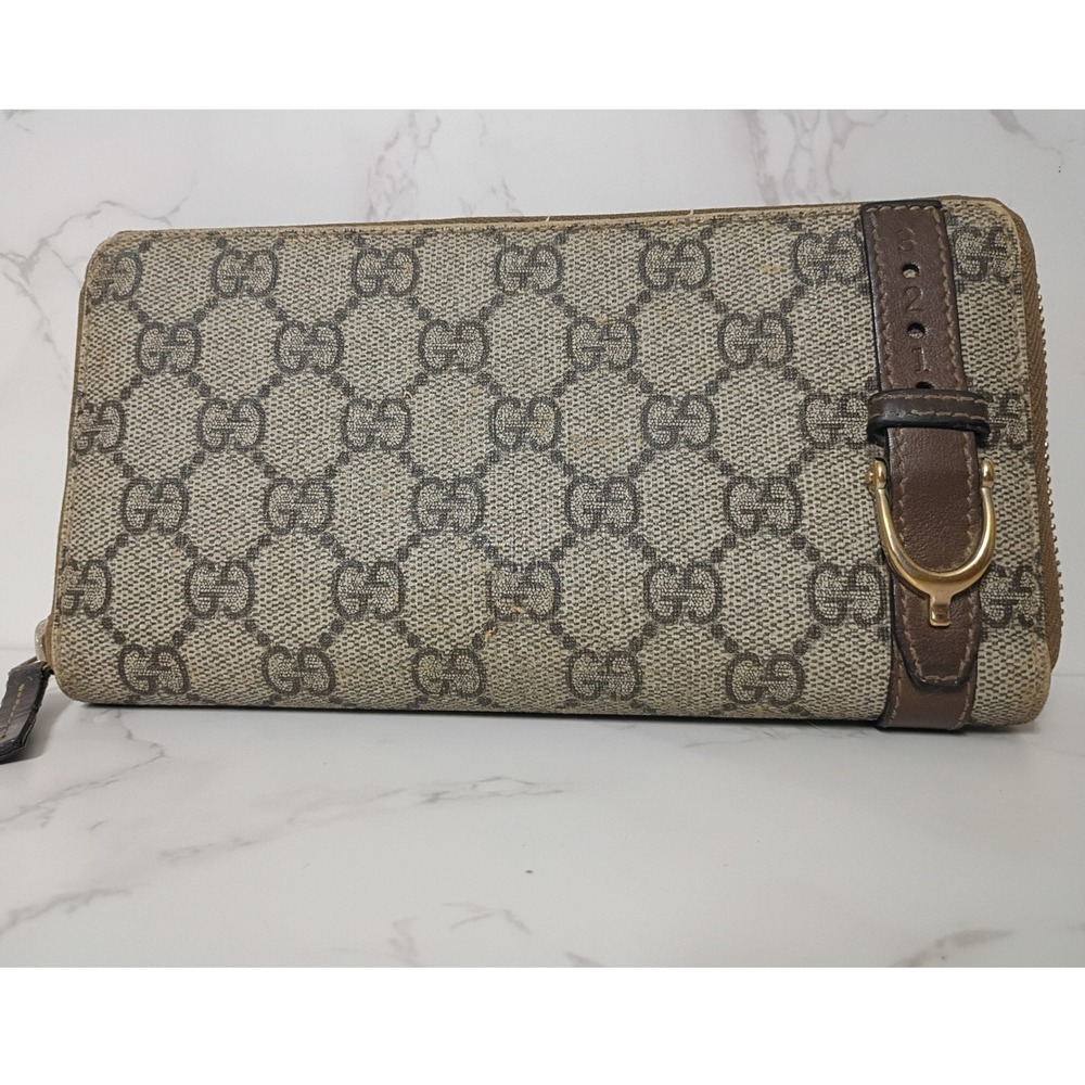 GUCCI Nice GG Supreme Monogram Zip Around Continental Wallet w/ Buckle Detail